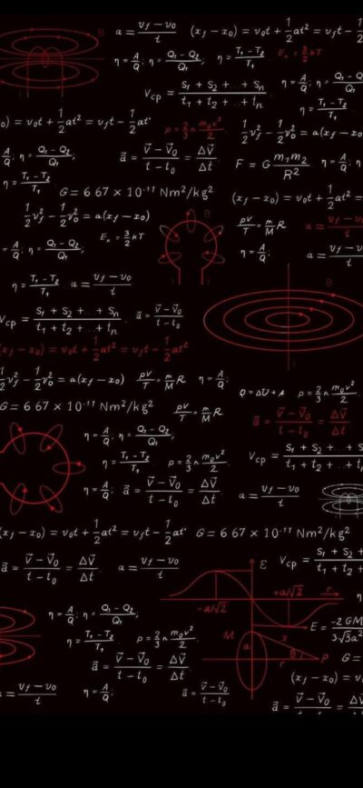 Math equations and physics diagrams on a dark background with black and red tones | 4K Wallpaper, for Mobile