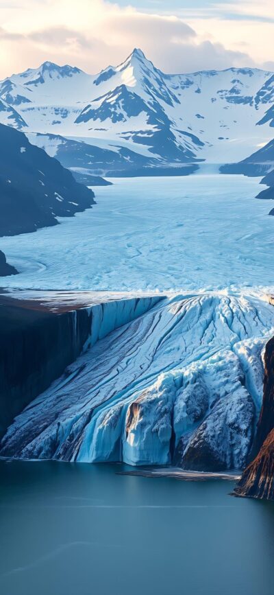 A serene glacier scene with snow-capped mountains, featuring cold blues and whites. | 4K Wallpaper for Mobile