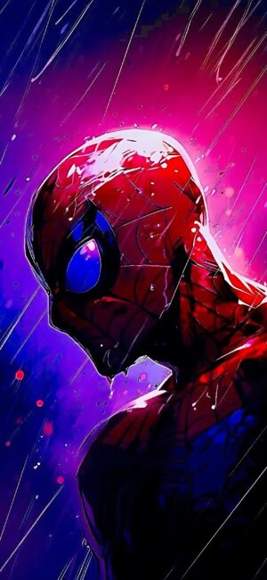 Spiderman in vibrant style with rain, purple-pink background | Emphasizes iconic suit | 4K Wallpaper, for Mobile | Red/Purple/Pink