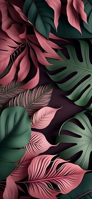 Pink and green tropical leaves, including monstera and palm, on a dark background. Elegant modern nature design | 4K Wallpaper for Mobile