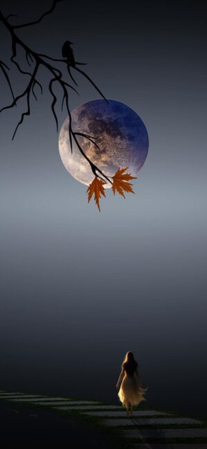 Surreal scene with full moon, bird silhouette, and lone figure under autumn leaves | Blue & Black | Mobile 4K Wallpaper