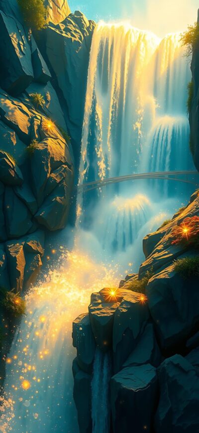 Majestic waterfall on rocky cliffs with sunlit golden lights, creating a magical serene scene | 4K Wallpaper for Mobile