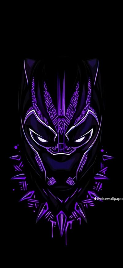 Artistic Black Panther design with intricate patterns and dominant purple hue highlighting his iconic mask | 4K Wallpaper for Mobile