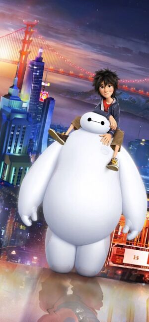 Baymax & Hiro from Big Hero 6 | Vibrant San Fransokyo cityscape | Blue, Red, White | 4K Wallpaper for Mobile