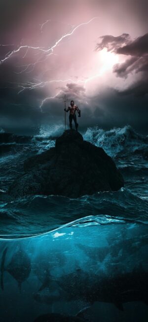 Mythical figure on rocky ocean with lightning and marine life, in blue, black, and pink hues. | 4K Wallpaper for Mobile