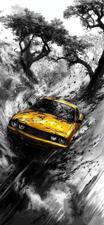 Vintage yellow car on rugged terrain, contrasting with monochrome trees and swirling dirt | 4K Wallpaper, for Mobile