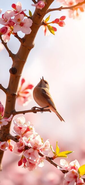 A serene 4K mobile wallpaper featuring a small bird on a cherry blossom tree in spring with pink, brown, green, and white hues. | 4K Wallpaper, for Mobile