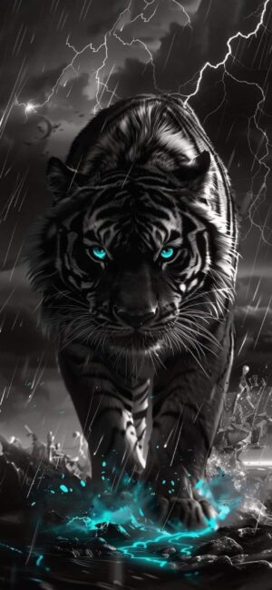 Tiger with blue eyes in a rainy scene with lightning; monochrome with blue accent | 4K Wallpaper for Mobile