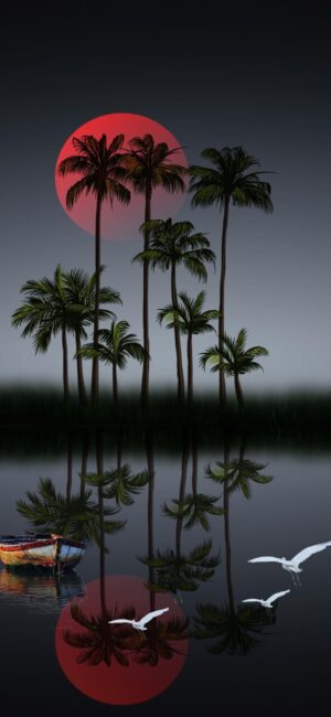 Serene landscape with palm trees, a vivid red sun, and birds over water. Peaceful atmosphere | 4K Wallpaper, for Mobile