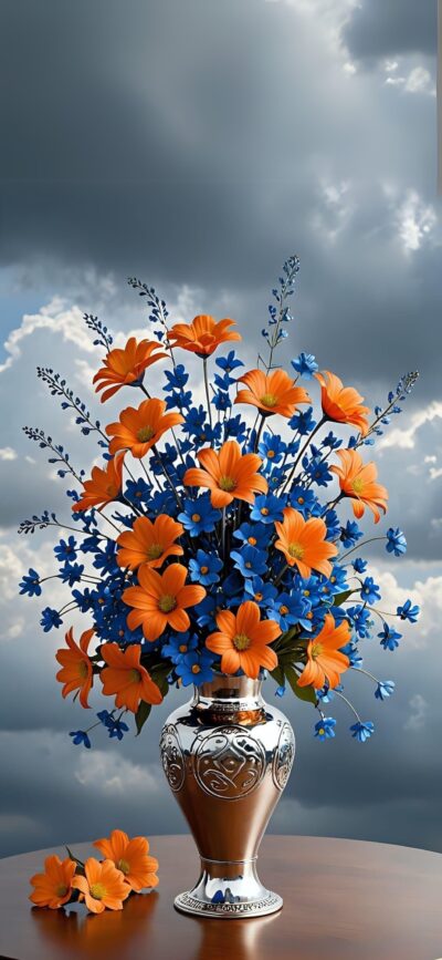 Elegant floral arrangement with orange and blue flowers in a silver vase against grey clouds | 4K Wallpaper, for Mobile