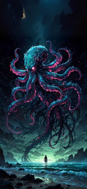 Mystical octopus creature with glowing tentacles by a starry ocean, offering a surreal, fantasy vibe for cosmic enthusiasts | 4K Wallpaper, for Mobile