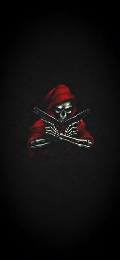 Skull with red hood holding guns exudes danger and intrigue. Gothic style in black and red | 4K Wallpaper for Mobile