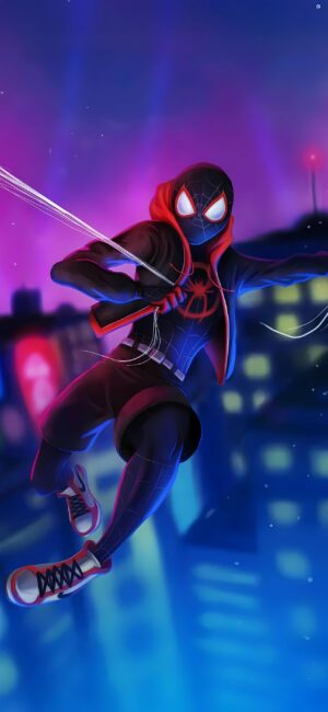 Miles Morales Spider-Man swings through a vibrant cityscape in dynamic colors | 4K Wallpaper for Mobile | Black, Red, Blue, Purple