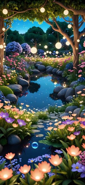 Enchanted garden with blooming flowers, tranquil stream, and glowing orbs under a night sky. | 4K Wallpaper for Mobile