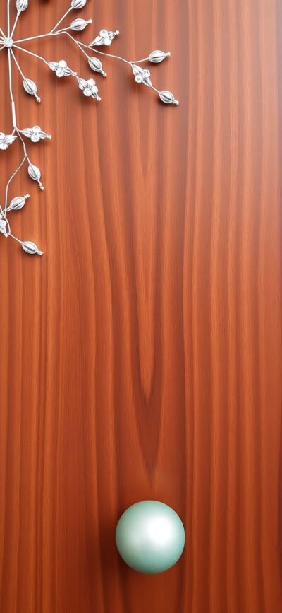 Glossy wood texture with silver branch, leaves & mint knob. Elegant & natural design | 4K Wallpaper, for Mobile