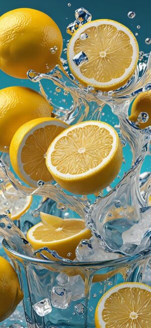 Vibrant lemons splashing in water with blue background, highlighting textures and droplets | 4K Wallpaper for Mobile