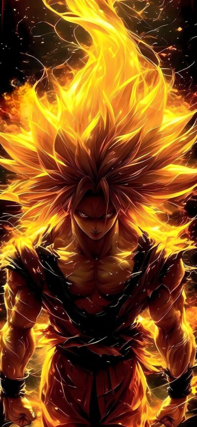 Dynamic Goku Super Saiyan with vibrant flames and intense aura | 4K Wallpaper for Mobile