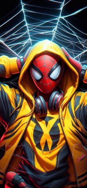 Stylized Spider-Man in yellow hoodie with headphones, glowing web background | 4K Wallpaper for Mobile | Primary colors: Yellow, Black, Red.