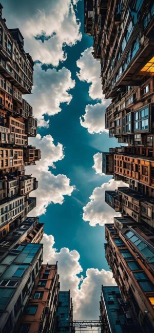 Cityscape 4K Wallpaper for Mobile | Tall buildings, vibrant blue sky, fluffy clouds | Blue and brown tones, dramatic urban nature view