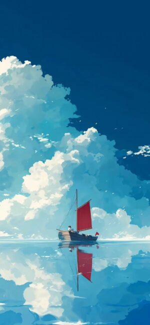 Small boat with red sail on tranquil ocean, blue sky with clouds. | 4K Wallpaper for Mobile | Blue, Red, White tones