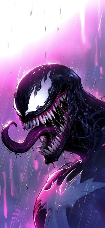 Venom in fierce expression with purple, black hues on colorful background | 4K Wallpaper for Mobile