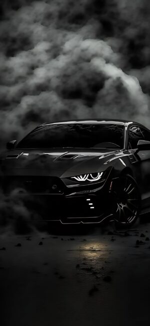 Sleek dark sports car emerges from shadows with sharp headlights. Mysterious, intense vibe in black and gray. | 4K Wallpaper for Mobile