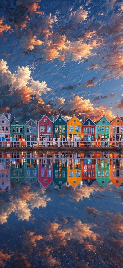 Cityscape with vibrant house reflections, dramatic clouds, and stunning colors | 4K Wallpaper for Mobile