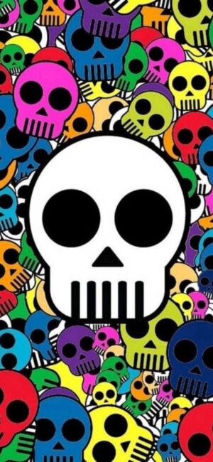 Cartoon skulls in pink, blue, green, yellow, orange on black. Central white skull with black eyes. | 4K Wallpaper for Mobile