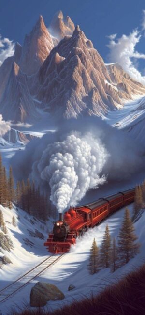 Alt tag: Red steam train in snowy mountains, dramatic steam plume, blue sky, evergreen forest | 4K Wallpaper for Mobile