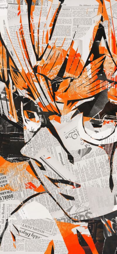 Abstract anime character with sharp lines, newspaper collage in orange, black & white | 4K Wallpaper | for Mobile