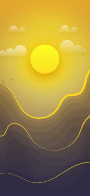 Abstract landscape with a large yellow sun, gradient sky, minimalist clouds, and hills for a serene, geometric aesthetic | 4K Wallpaper, for Mobile