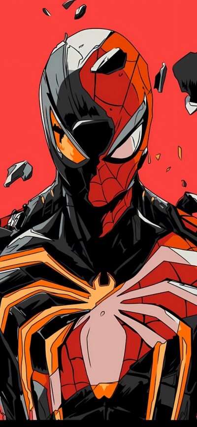 Stylized Spiderman in red & black, abstract design, bold outlines, iconic spider emblem | 4K Wallpaper for Mobile