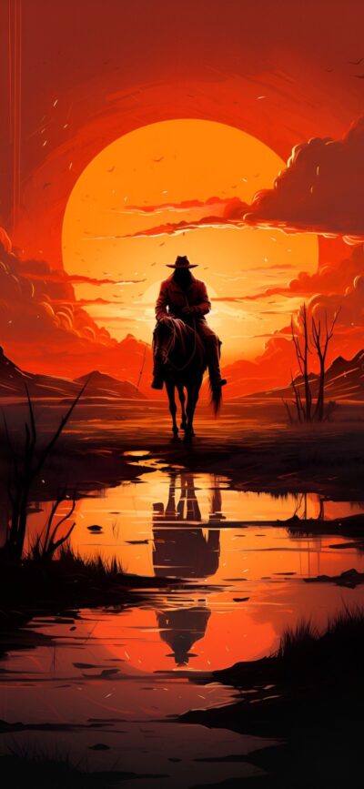 Cowboy silhouette on horseback against a vibrant sunset with dramatic clouds and water reflections | 4K Wallpaper for Mobile