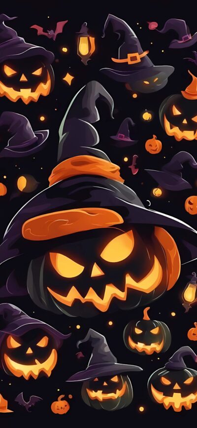 Halloween design with glowing jack-o'-lanterns, witch hats on dark background | 4K Wallpaper for Mobile