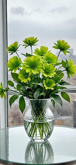 Vibrant green flowers in a glass vase with a cloudy sky backdrop create a refreshing scene | 4K Wallpaper for Mobile