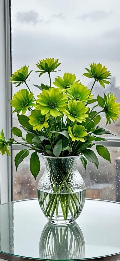 Vibrant green flowers in a glass vase with a cloudy sky backdrop create a refreshing scene | 4K Wallpaper for Mobile