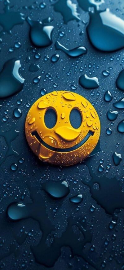 Vibrant yellow smiley face with water droplets on dark background, 4K Wallpaper for Mobile | Yellow, Blue, Black design.