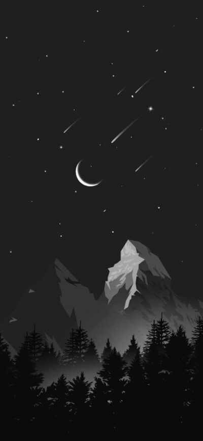 Serene night sky with stars, crescent moon, mountain, and pine trees silhouette creating a tranquil atmosphere | 4K Wallpaper for Mobile