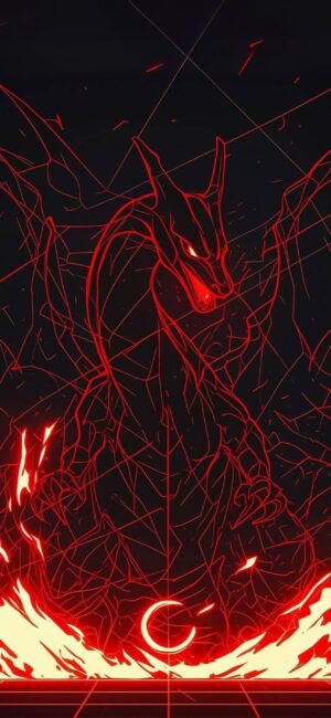 Charizard in a neon red outline, featuring flames and dynamic lines for a powerful aura | 4K Wallpaper, for Mobile