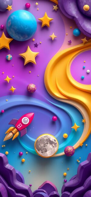 Colorful space-themed design with a red rocket, planets, stars, crescent moon on a vibrant cosmic background | 4K Wallpaper, for Mobile