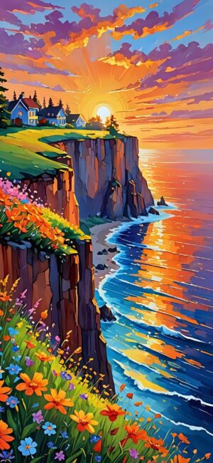 Sunset over an ocean cliff with colorful flowers and houses, casting warm hues on the water | 4K Wallpaper for Mobile