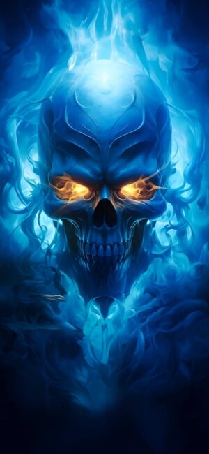 Flaming skull in blue flames with orange eyes | Fantasy, fire themes in abstract dark art | 4K Wallpaper for Mobile