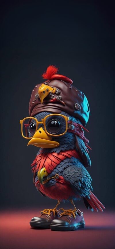 Colorful whimsical bird character with glasses, helmet, and shoes on a simple backdrop | 4K Wallpaper for Mobile