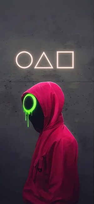 Squid Game-inspired character in pink hoodie, neon green mask with circle, triangle, square symbols | 4K Wallpaper, for Mobile