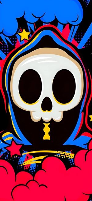 Colorful stylized skull with stars and abstract shapes, pop art style | 4K Wallpaper for Mobile | Blue, red, yellow, black elements