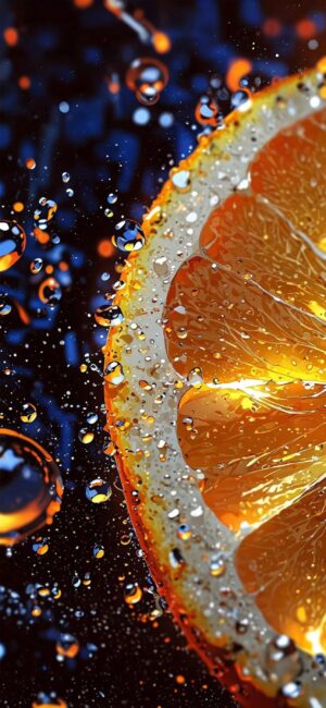 Close-up of orange slice with water droplets on dark background, highlighting vivid colors and textures | 4K Wallpaper for Mobile