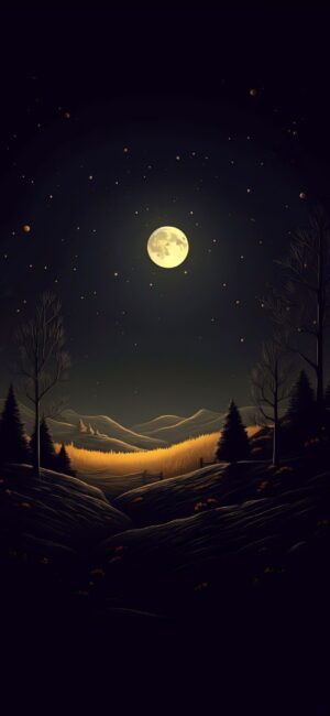 Night landscape with full moon, silhouettes of trees and mountains creating tranquility | Black & Yellow | 4K Wallpaper for Mobile