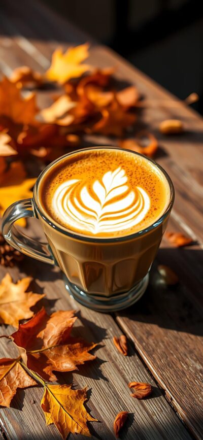 Latte art cup on wooden table with autumn leaves, rich browns, and oranges, embodying autumn's coziness | 4K Wallpaper for Mobile