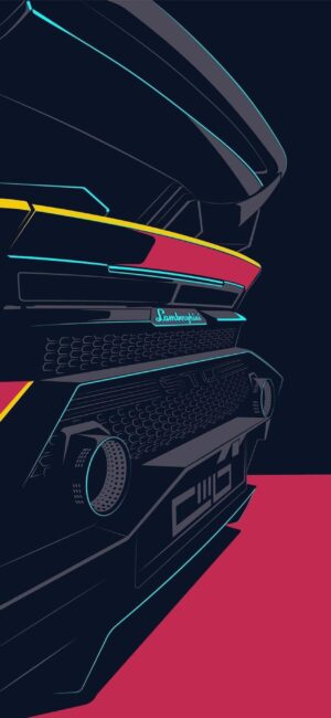 Stylized abstract Lamborghini with neon accents on a dark background | 4K Wallpaper for Mobile | Black, Blue, Yellow, Red colors