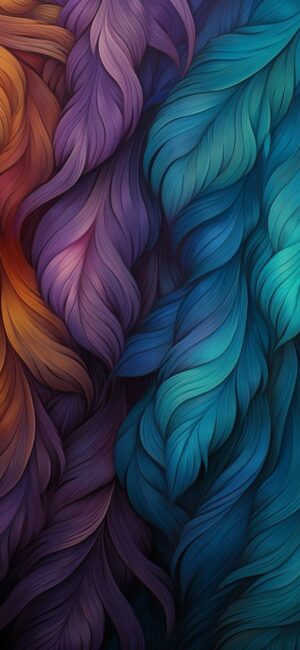 Abstract feather-like patterns in harmonious purple, blue, teal, and orange hues, creating a dynamic visual effect | 4K Wallpaper for Mobile